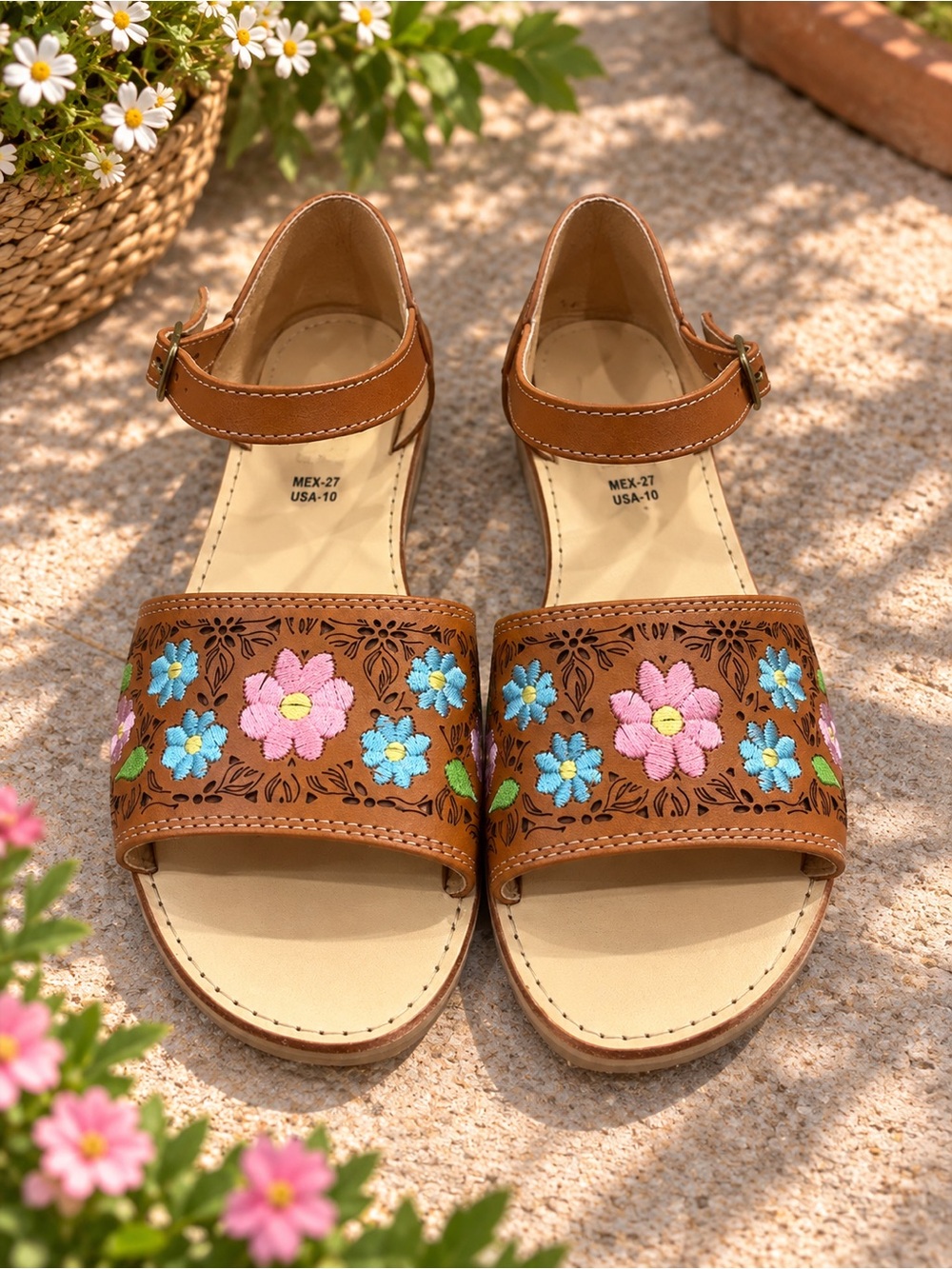Mexican Leather Floral Embroidered Sandals – Women’s Size 10 Wide